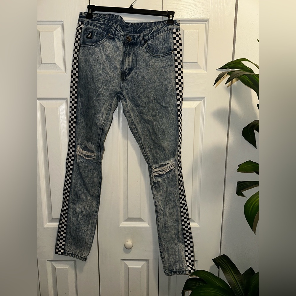 Men's Blue Distressed Skinny Jeans with Checkered Detail
